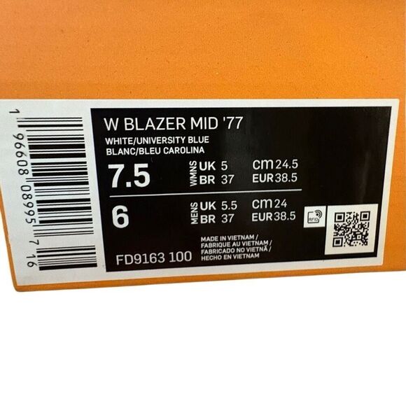 7.5L-NIKE Blazer Mid GS Trainers '77 University Blue Gingham Carolina Blue UNC F - Picture 3 of 11